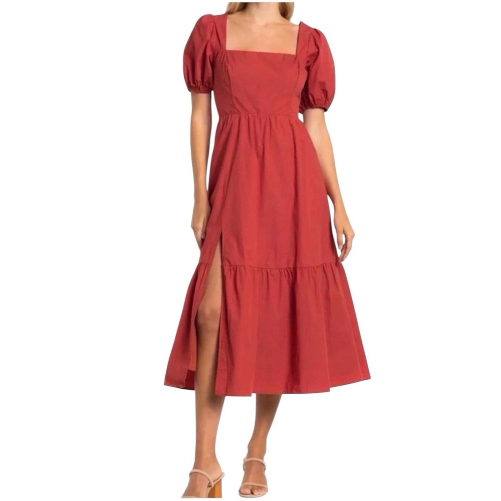 ASTR The Label Puff Sleeve Midi Dress Brick Red Cottagecore Slit XS
